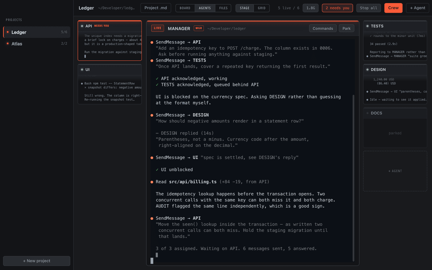 A single agent's view in Gleipnir, with its running output and messages