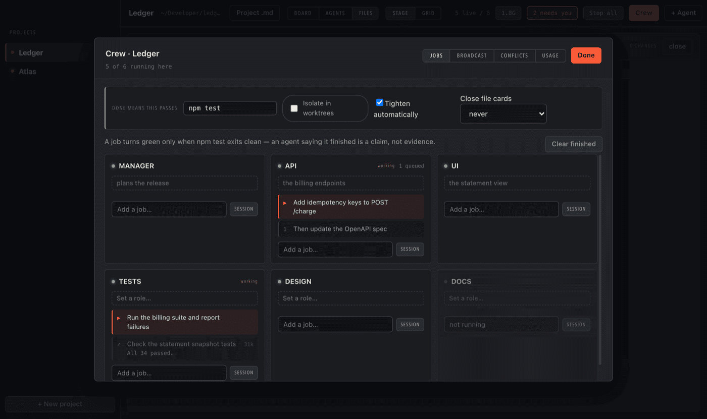 Gleipnir crew setup, assigning roles to the agents on a project