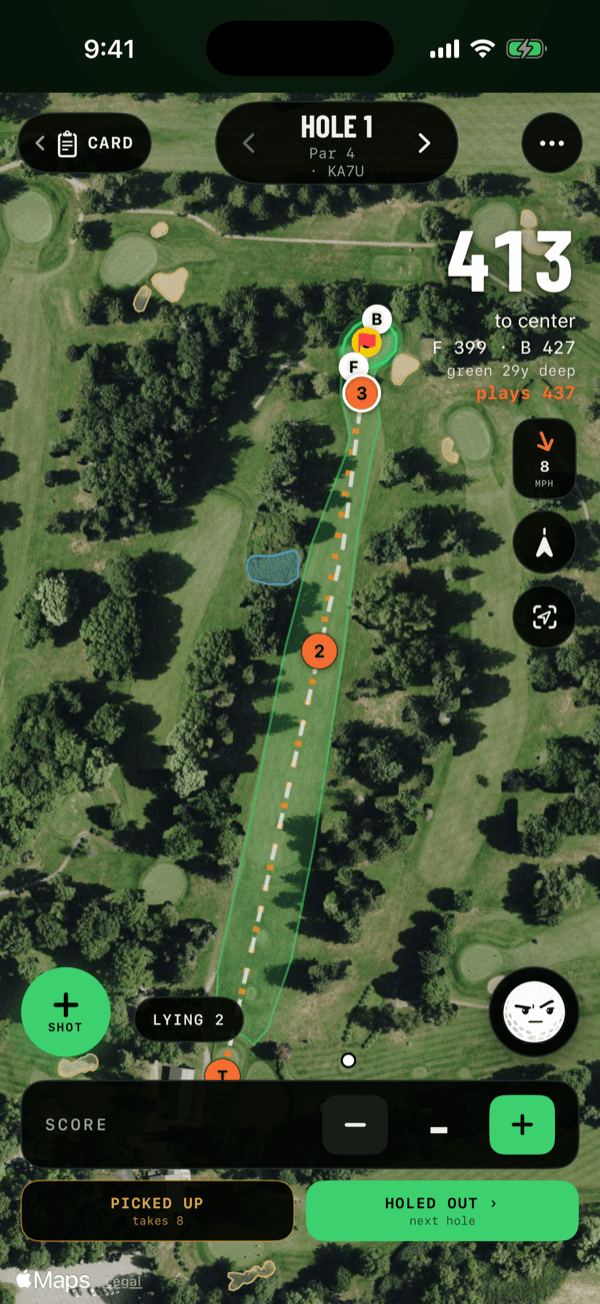 A round in progress in TeedOff, showing the hole map with distances and the score controls