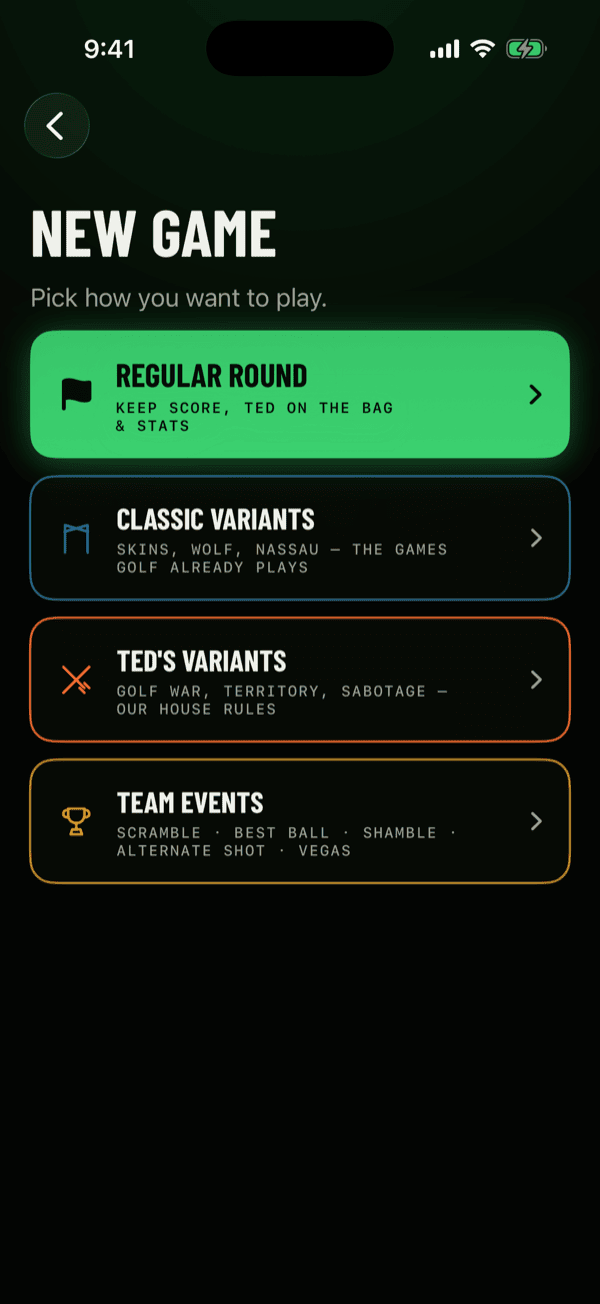 The TeedOff game modes screen, listing regular rounds, classic variants and team events