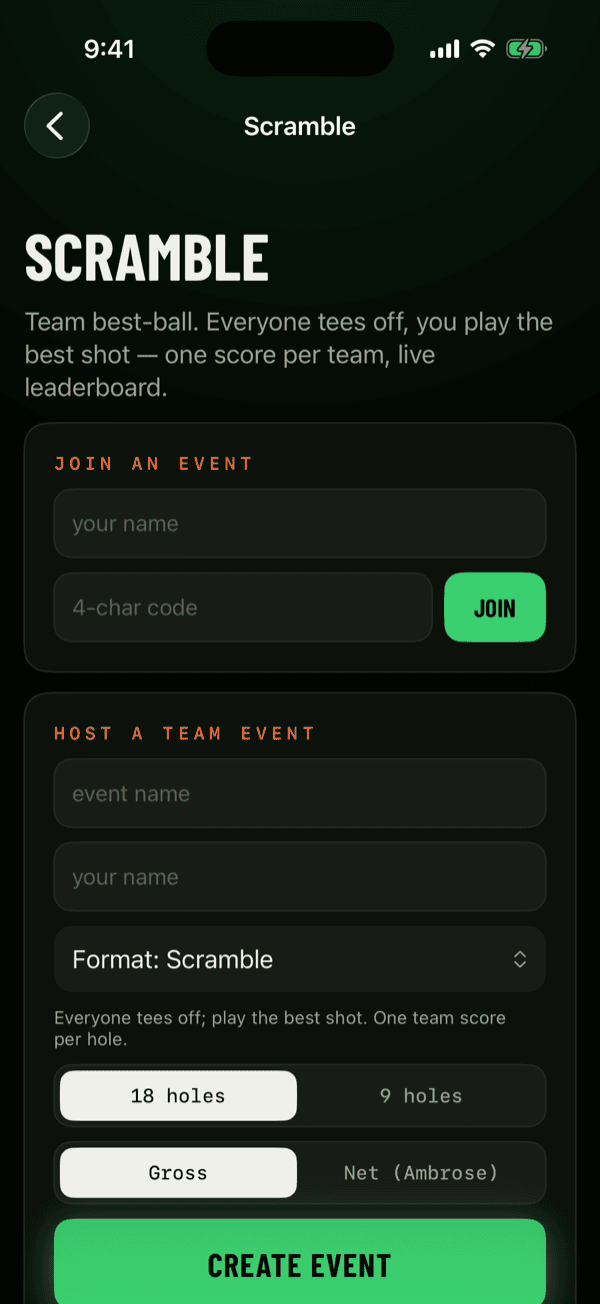 Setting up a TeedOff team event, choosing the format and the number of holes