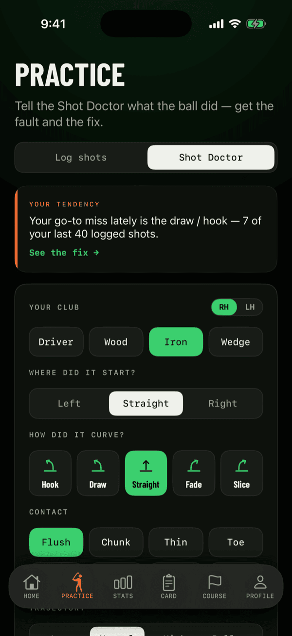 The TeedOff practice screen, showing a shot tendency and the suggested fix